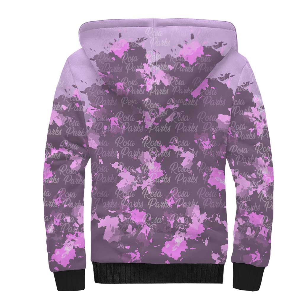 Rosa Parks Sherpa Hoodie Purple Floral Pattern Civil Rights Tribute Bold Name Repeated Text Design - African Pride