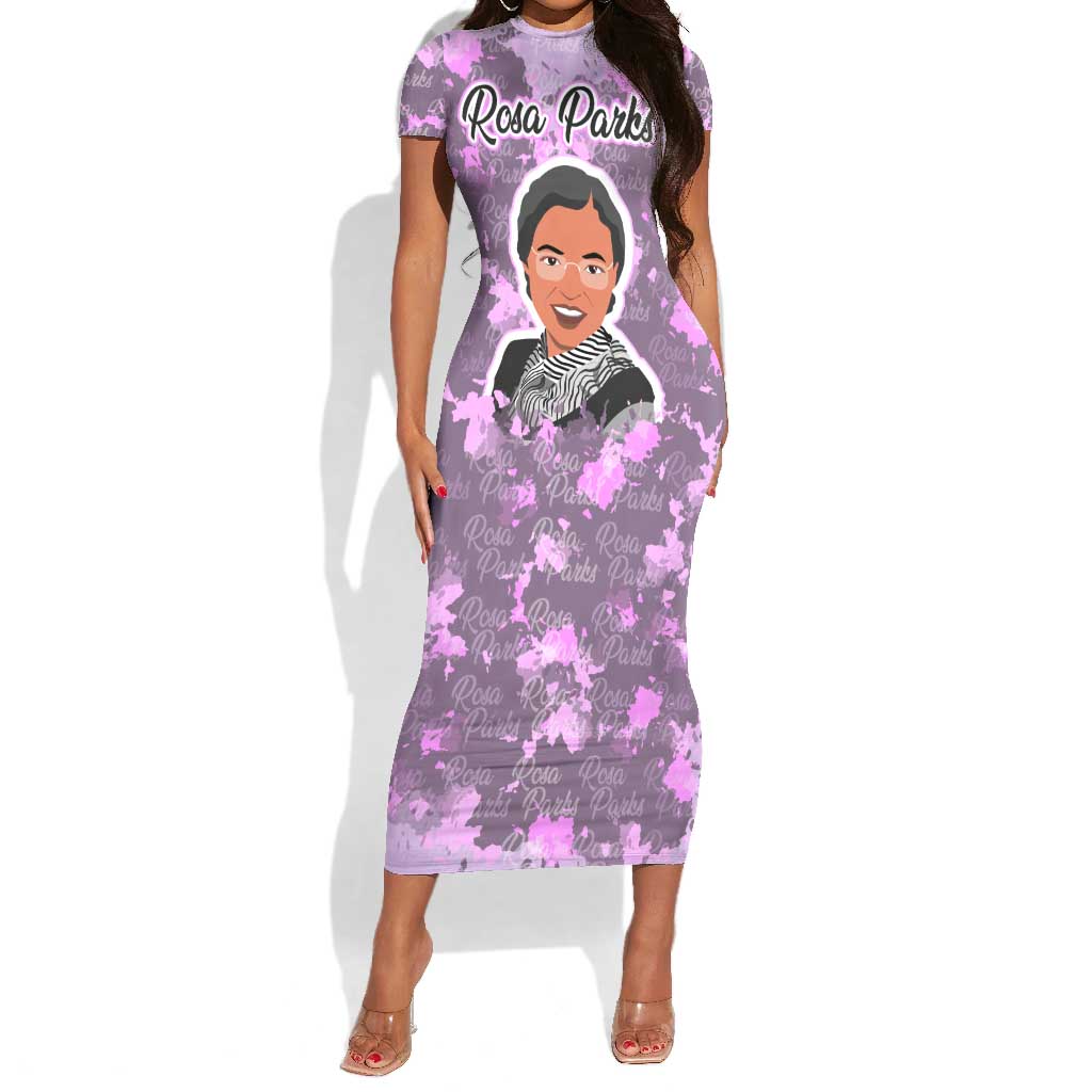 Rosa Parks Short Sleeve Bodycon Dress Purple Floral Pattern Civil Rights Tribute Bold Name Repeated Text Design TS04