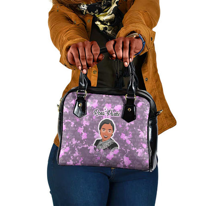 Rosa Parks Shoulder Handbag Purple Floral Pattern Civil Rights Tribute Bold Name Repeated Text Design - African Pride