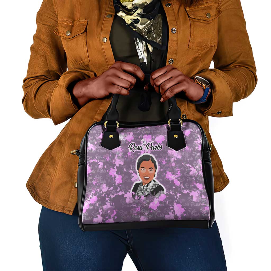Rosa Parks Shoulder Handbag Purple Floral Pattern Civil Rights Tribute Bold Name Repeated Text Design - African Pride