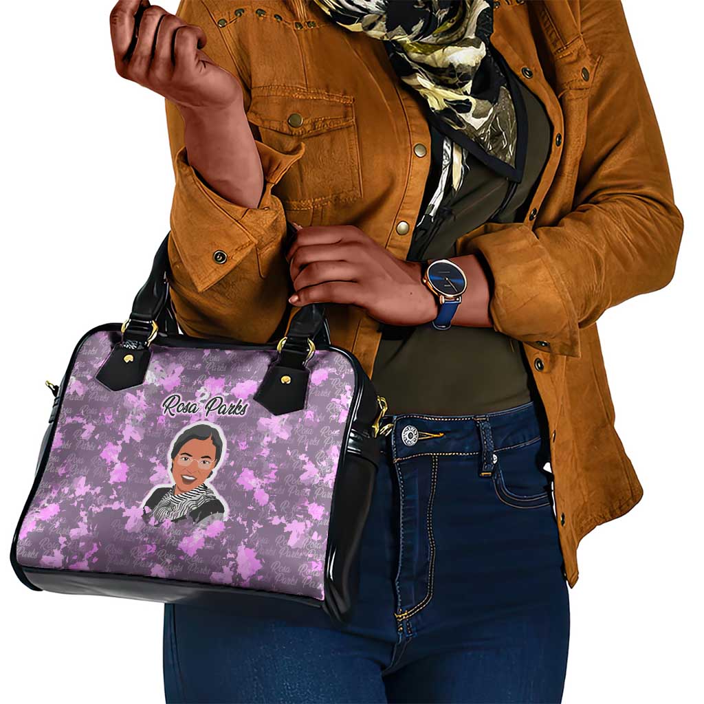 Rosa Parks Shoulder Handbag Purple Floral Pattern Civil Rights Tribute Bold Name Repeated Text Design - African Pride