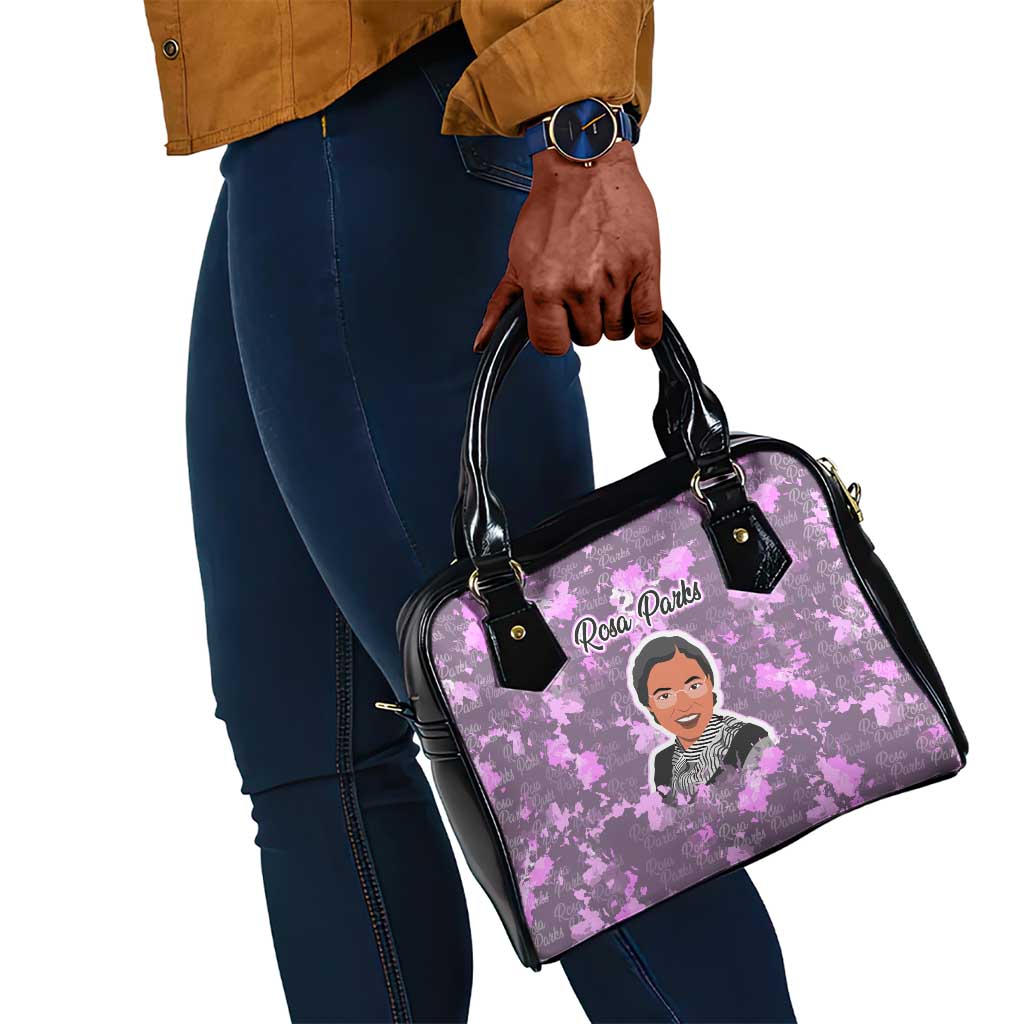 Rosa Parks Shoulder Handbag Purple Floral Pattern Civil Rights Tribute Bold Name Repeated Text Design - African Pride