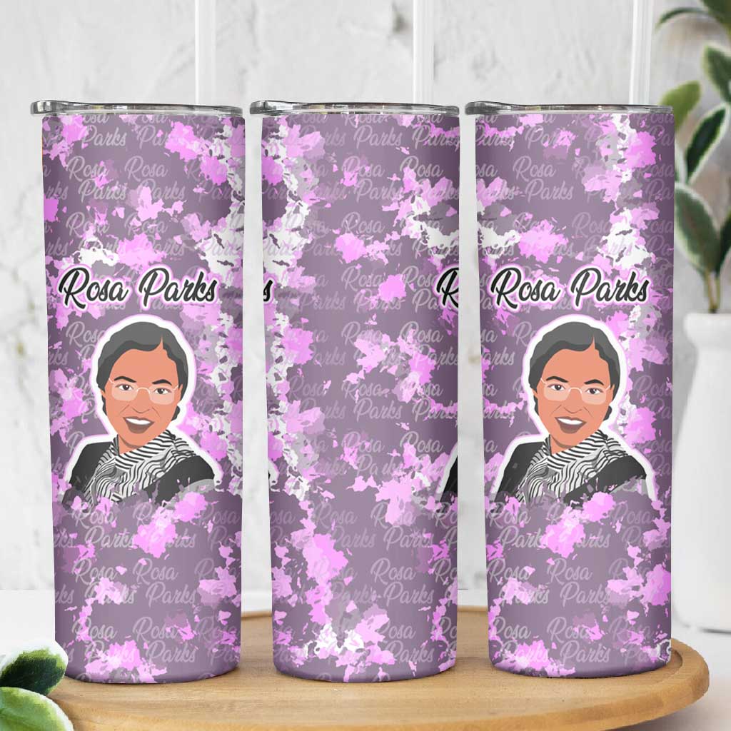 Rosa Parks Skinny Tumbler Purple Floral Pattern Civil Rights Tribute Bold Name Repeated Text Design - African Pride