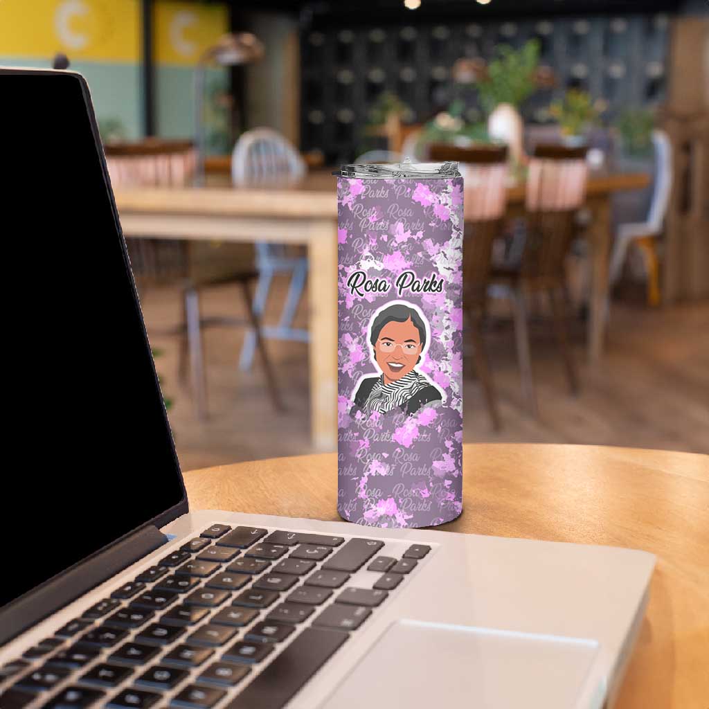 Rosa Parks Skinny Tumbler Purple Floral Pattern Civil Rights Tribute Bold Name Repeated Text Design - African Pride