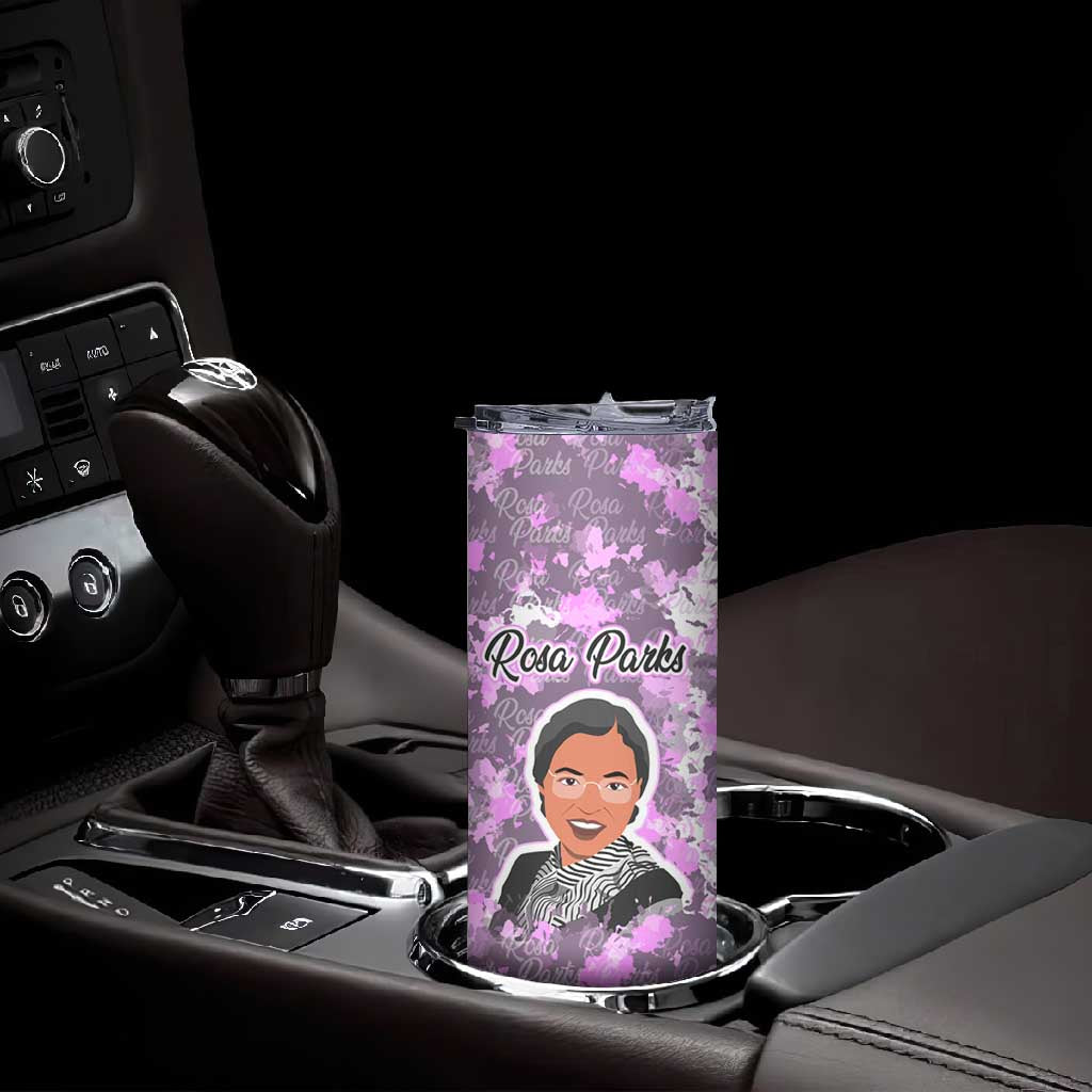 Rosa Parks Skinny Tumbler Purple Floral Pattern Civil Rights Tribute Bold Name Repeated Text Design - African Pride