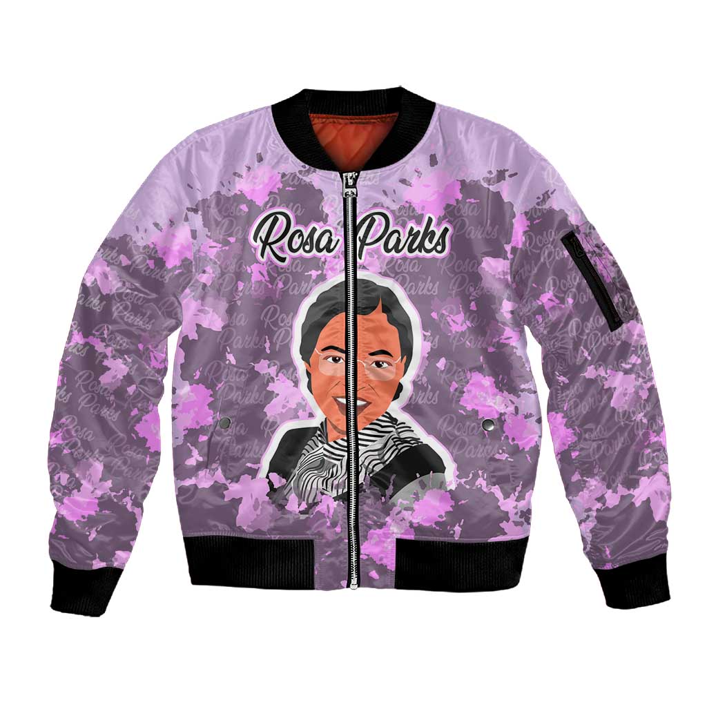 Rosa Parks Sleeve Zip Bomber Jacket Purple Floral Pattern Civil Rights Tribute Bold Name Repeated Text Design - African Pride