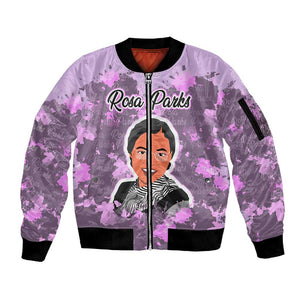Rosa Parks Sleeve Zip Bomber Jacket Purple Floral Pattern Civil Rights Tribute Bold Name Repeated Text Design - African Pride