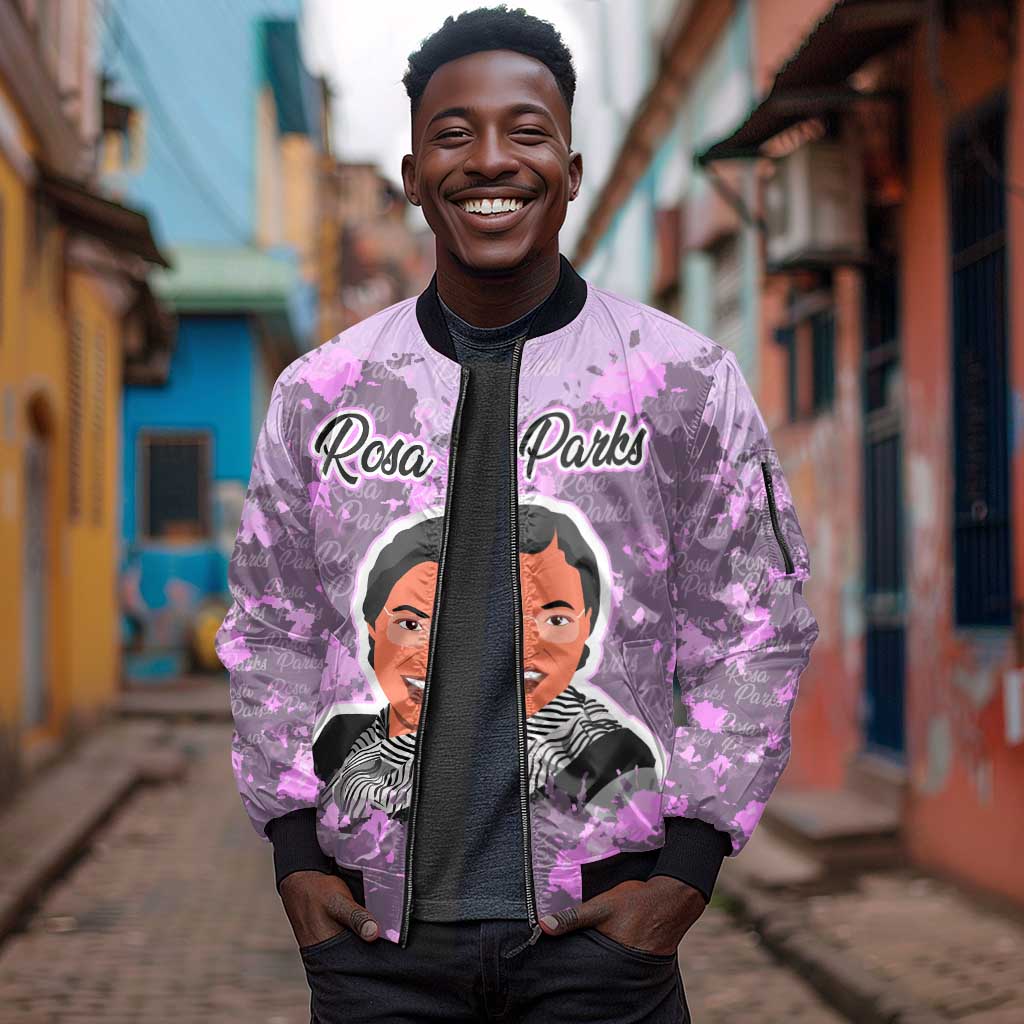 Rosa Parks Sleeve Zip Bomber Jacket Purple Floral Pattern Civil Rights Tribute Bold Name Repeated Text Design - African Pride