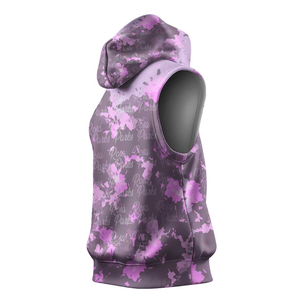 Rosa Parks Sleeveless Hoodie Purple Floral Pattern Civil Rights Tribute Bold Name Repeated Text Design - African Pride