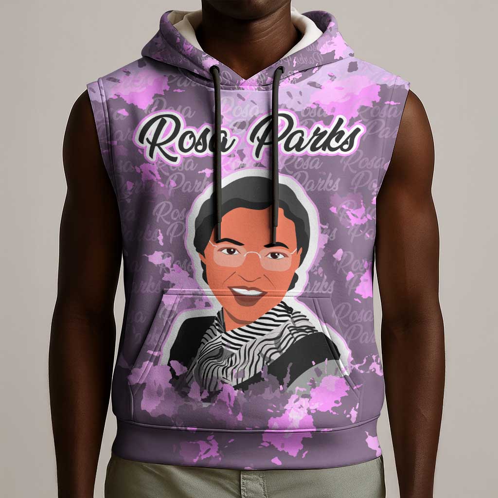 Rosa Parks Sleeveless Hoodie Purple Floral Pattern Civil Rights Tribute Bold Name Repeated Text Design - African Pride