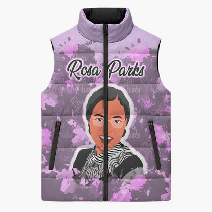 Rosa Parks Sleeveless Puffer Jacket Purple Floral Pattern Civil Rights Tribute Bold Name Repeated Text Design - African Pride