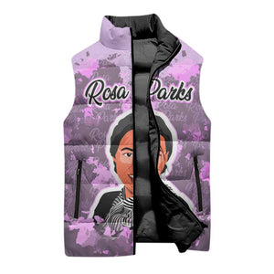 Rosa Parks Sleeveless Puffer Jacket Purple Floral Pattern Civil Rights Tribute Bold Name Repeated Text Design - African Pride