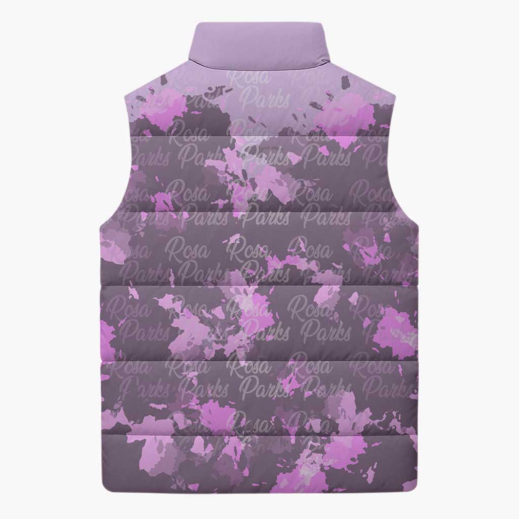 Rosa Parks Sleeveless Puffer Jacket Purple Floral Pattern Civil Rights Tribute Bold Name Repeated Text Design - African Pride