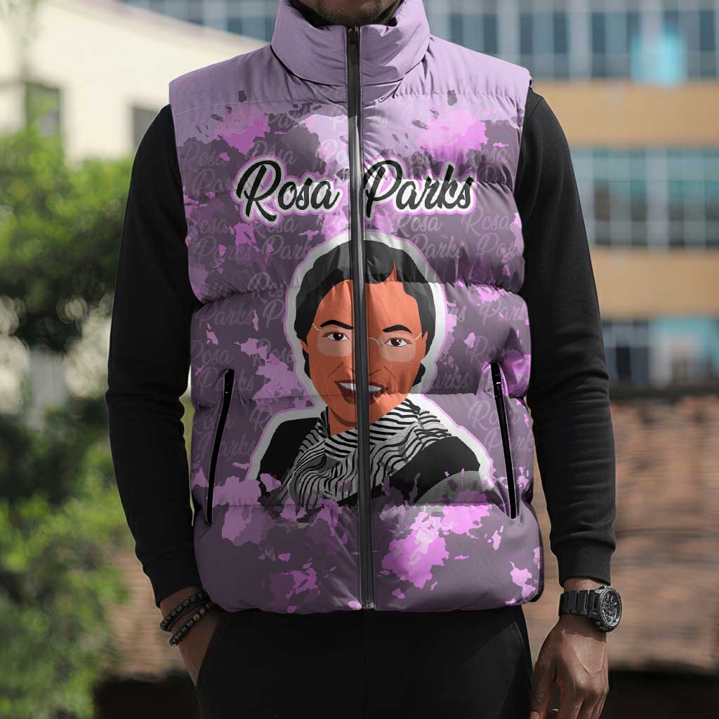 Rosa Parks Sleeveless Puffer Jacket Purple Floral Pattern Civil Rights Tribute Bold Name Repeated Text Design - African Pride
