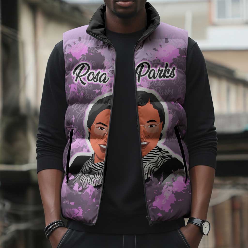 Rosa Parks Sleeveless Puffer Jacket Purple Floral Pattern Civil Rights Tribute Bold Name Repeated Text Design - African Pride