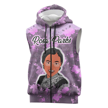 Rosa Parks Sleeveless Zip Hoodie Purple Floral Pattern Civil Rights Tribute Bold Name Repeated Text Design - African Pride