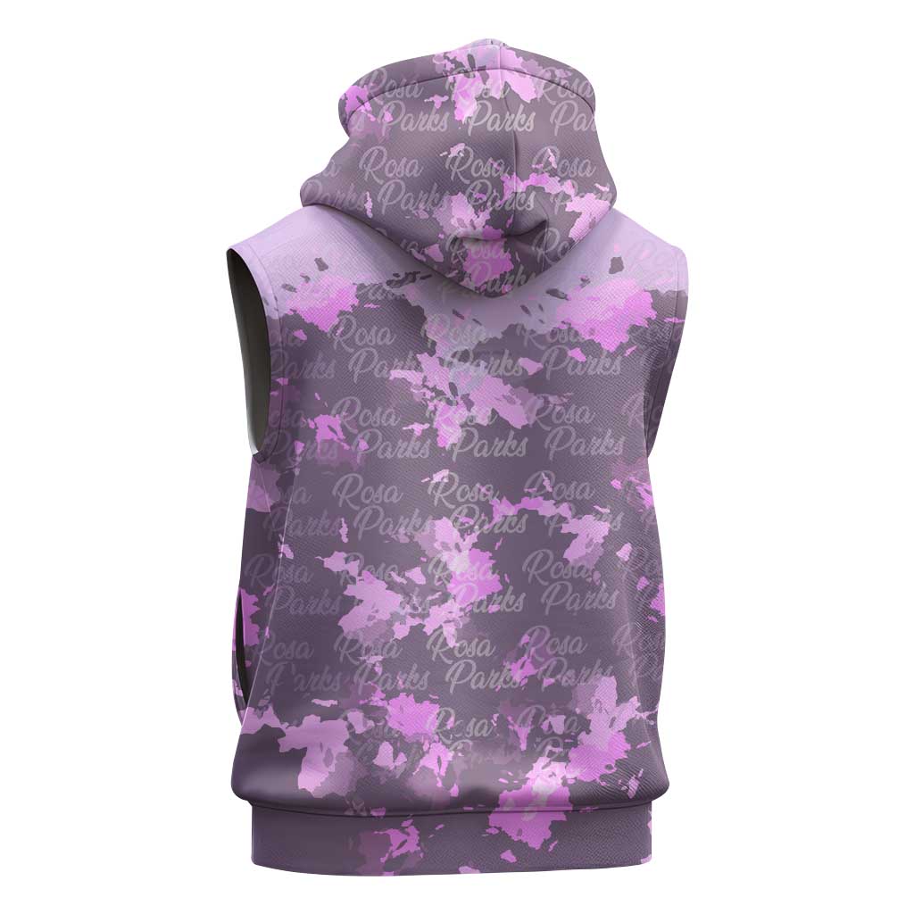 Rosa Parks Sleeveless Zip Hoodie Purple Floral Pattern Civil Rights Tribute Bold Name Repeated Text Design - African Pride