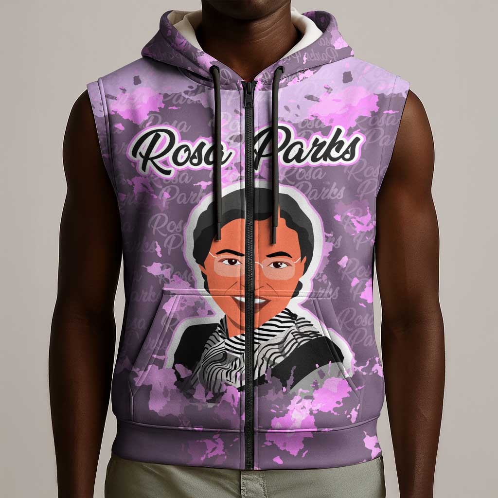Rosa Parks Sleeveless Zip Hoodie Purple Floral Pattern Civil Rights Tribute Bold Name Repeated Text Design - African Pride