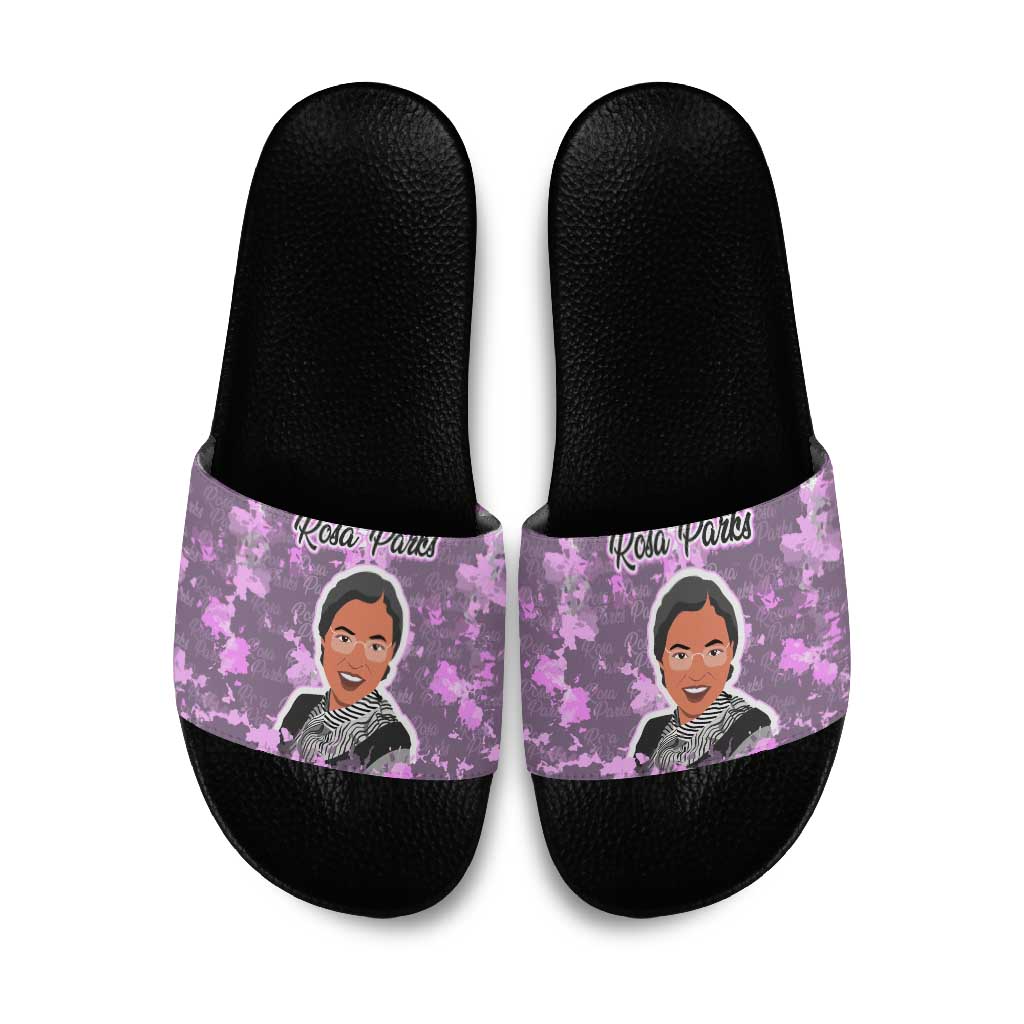 Rosa Parks Slide Sandals Purple Floral Pattern Civil Rights Tribute Bold Name Repeated Text Design - African Pride