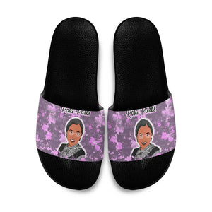 Rosa Parks Slide Sandals Purple Floral Pattern Civil Rights Tribute Bold Name Repeated Text Design - African Pride