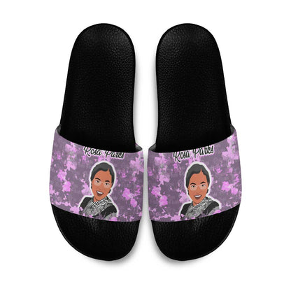 Rosa Parks Slide Sandals Purple Floral Pattern Civil Rights Tribute Bold Name Repeated Text Design - African Pride
