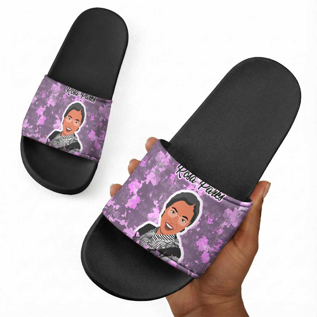 Rosa Parks Slide Sandals Purple Floral Pattern Civil Rights Tribute Bold Name Repeated Text Design - African Pride