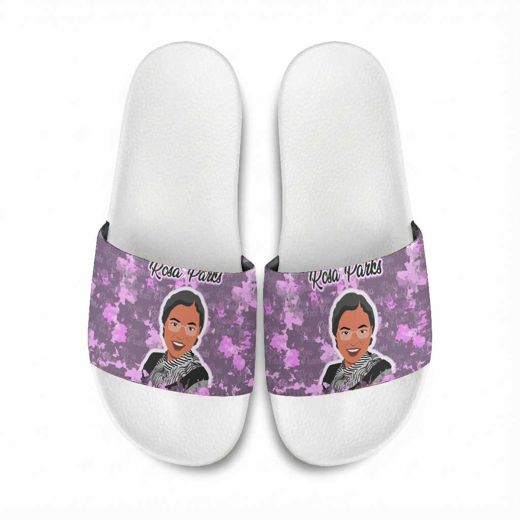 Rosa Parks Slide Sandals Purple Floral Pattern Civil Rights Tribute Bold Name Repeated Text Design - African Pride