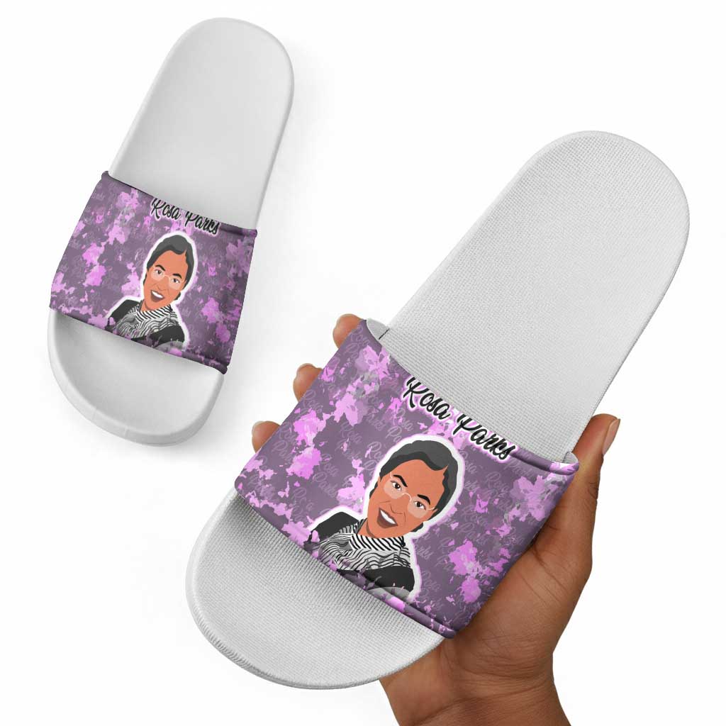 Rosa Parks Slide Sandals Purple Floral Pattern Civil Rights Tribute Bold Name Repeated Text Design - African Pride