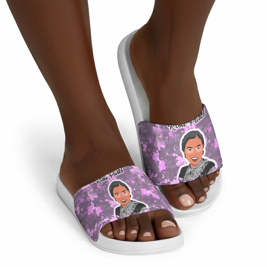 Rosa Parks Slide Sandals Purple Floral Pattern Civil Rights Tribute Bold Name Repeated Text Design - African Pride