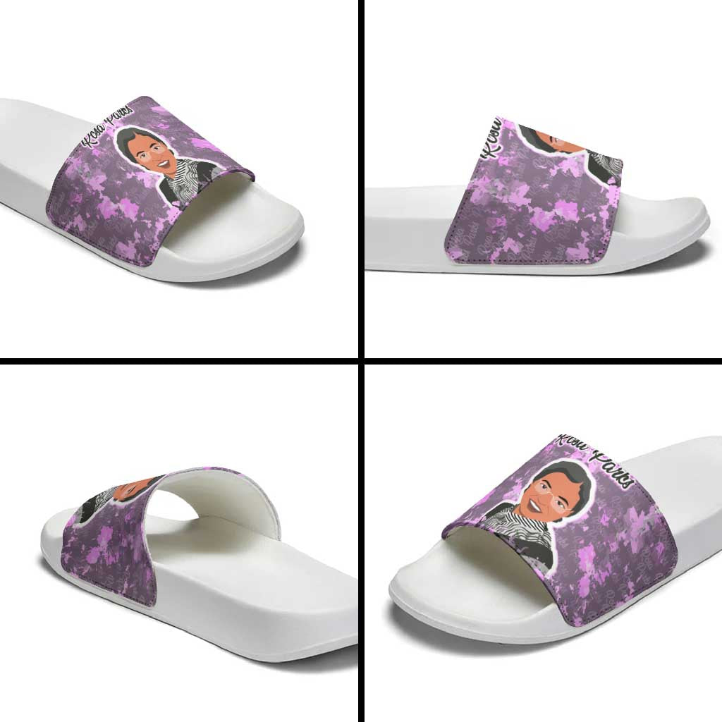 Rosa Parks Slide Sandals Purple Floral Pattern Civil Rights Tribute Bold Name Repeated Text Design - African Pride