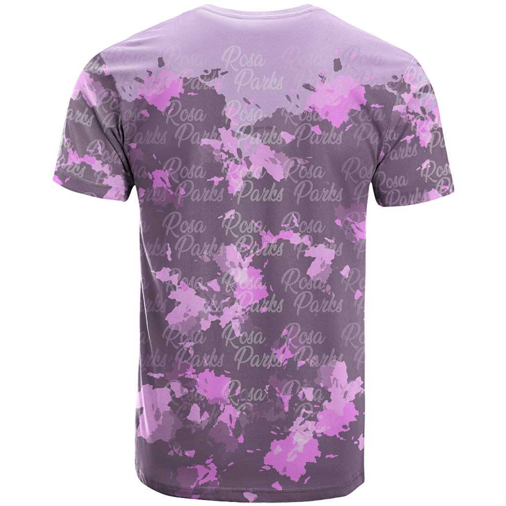 Rosa Parks T shirt Purple Floral Pattern Civil Rights Tribute Bold Name Repeated Text Design TS04