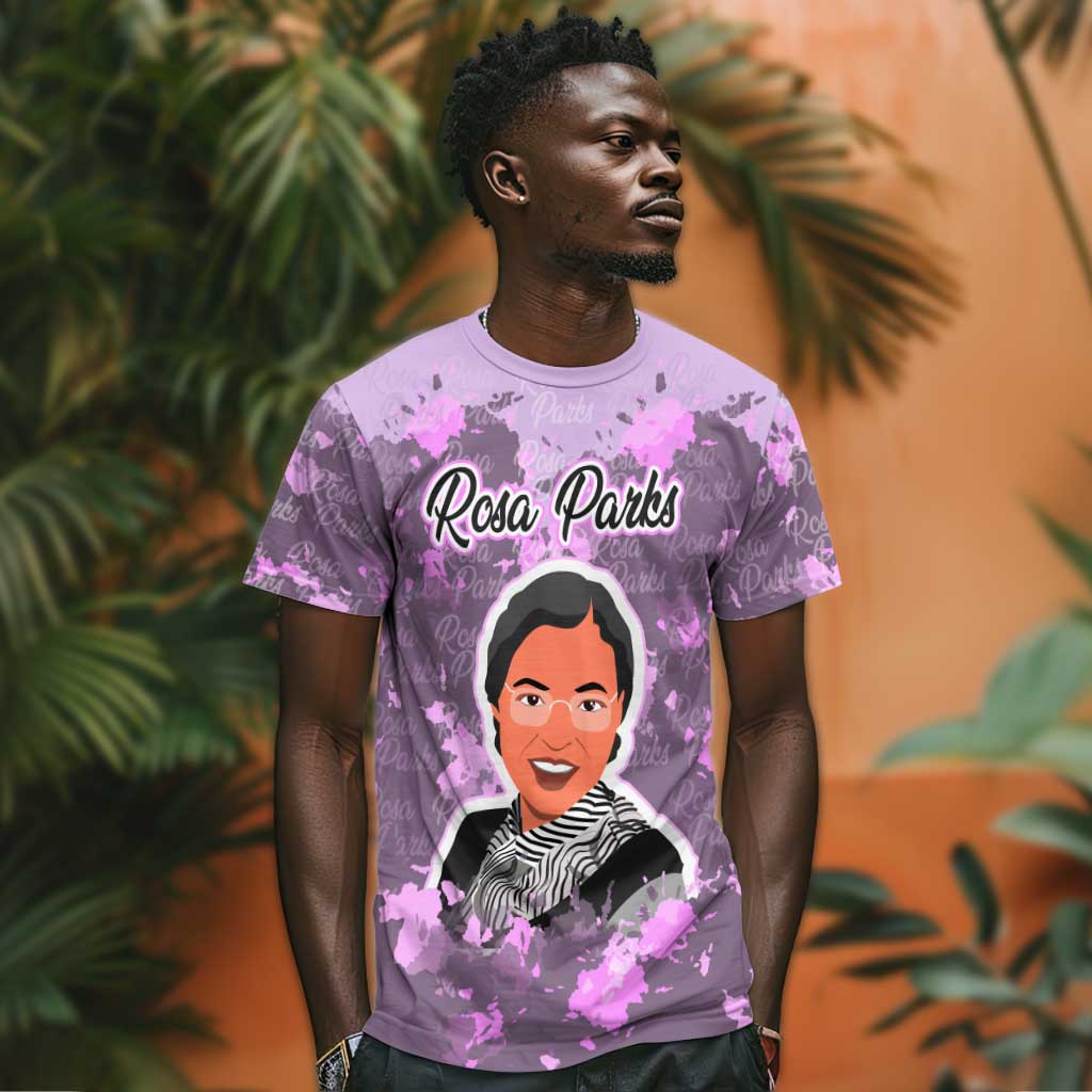 Rosa Parks T shirt Purple Floral Pattern Civil Rights Tribute Bold Name Repeated Text Design TS04