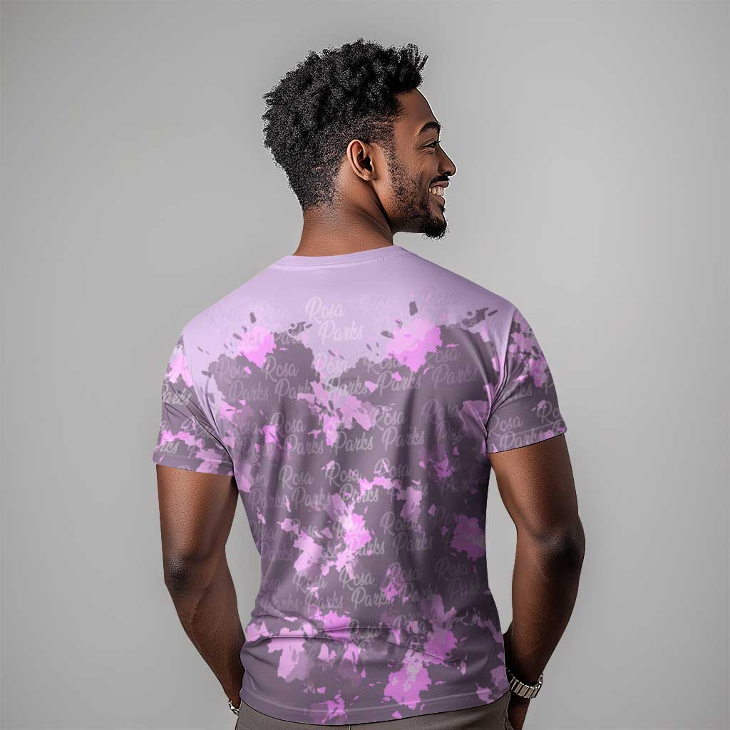 Rosa Parks T shirt Purple Floral Pattern Civil Rights Tribute Bold Name Repeated Text Design TS04