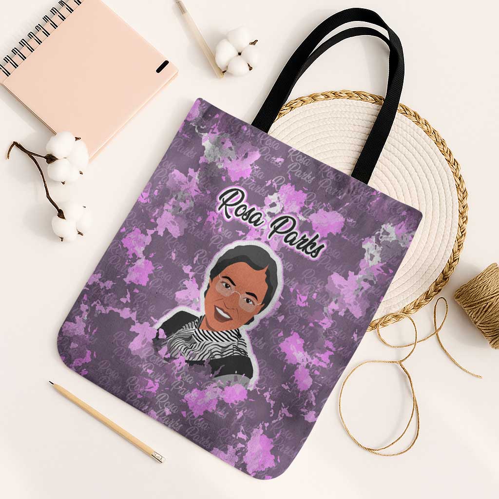 Rosa Parks Tote Bag Purple Floral Pattern Civil Rights Tribute Bold Name Repeated Text Design - African Pride