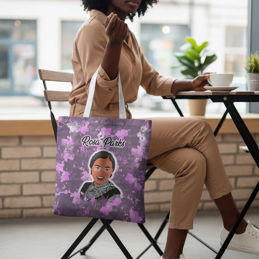 Rosa Parks Tote Bag Purple Floral Pattern Civil Rights Tribute Bold Name Repeated Text Design - African Pride