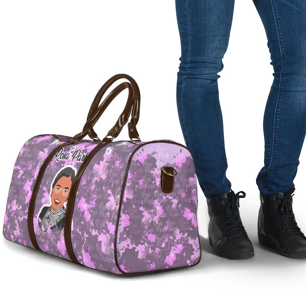 Rosa Parks Travel Bag Purple Floral Pattern Civil Rights Tribute Bold Name Repeated Text Design - African Pride