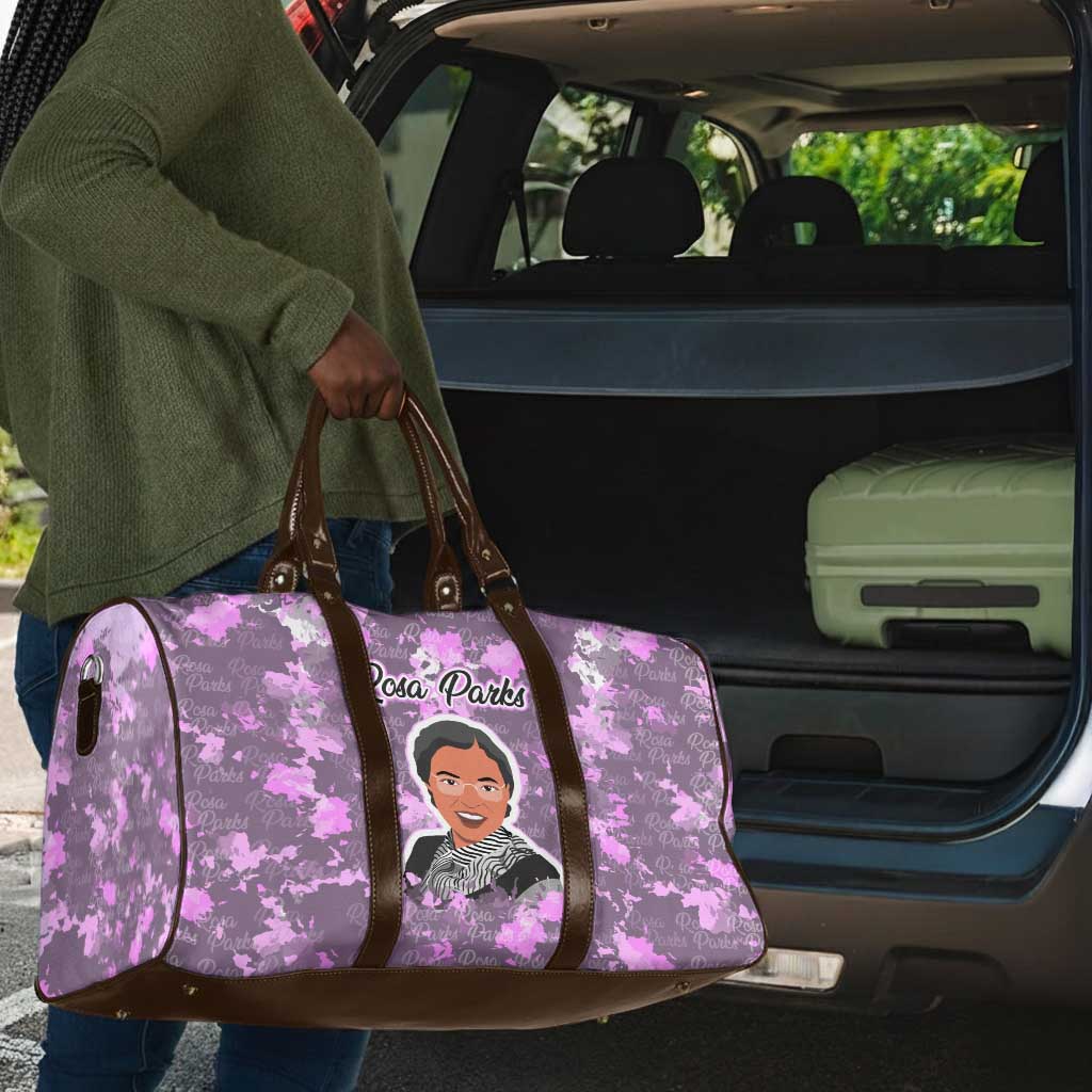 Rosa Parks Travel Bag Purple Floral Pattern Civil Rights Tribute Bold Name Repeated Text Design - African Pride