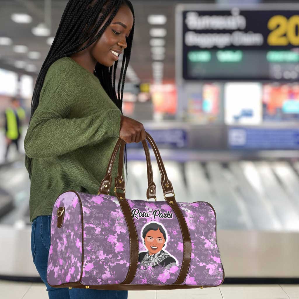 Rosa Parks Travel Bag Purple Floral Pattern Civil Rights Tribute Bold Name Repeated Text Design - African Pride