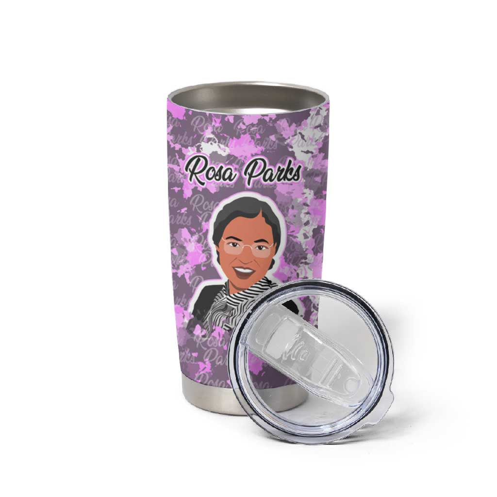 Rosa Parks Tumbler Cup Purple Floral Pattern Civil Rights Tribute Bold Name Repeated Text Design - African Pride