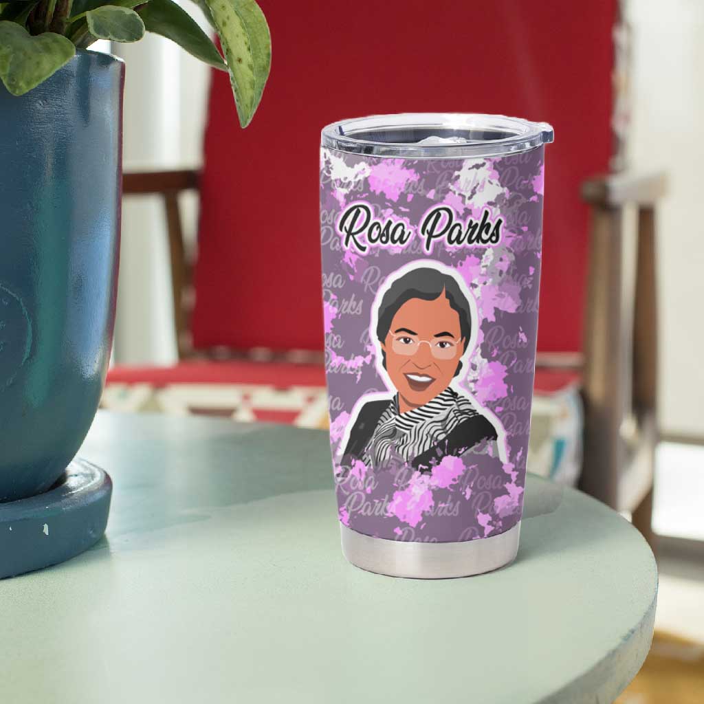 Rosa Parks Tumbler Cup Purple Floral Pattern Civil Rights Tribute Bold Name Repeated Text Design - African Pride