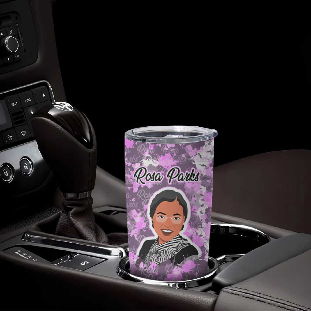 Rosa Parks Tumbler Cup Purple Floral Pattern Civil Rights Tribute Bold Name Repeated Text Design - African Pride