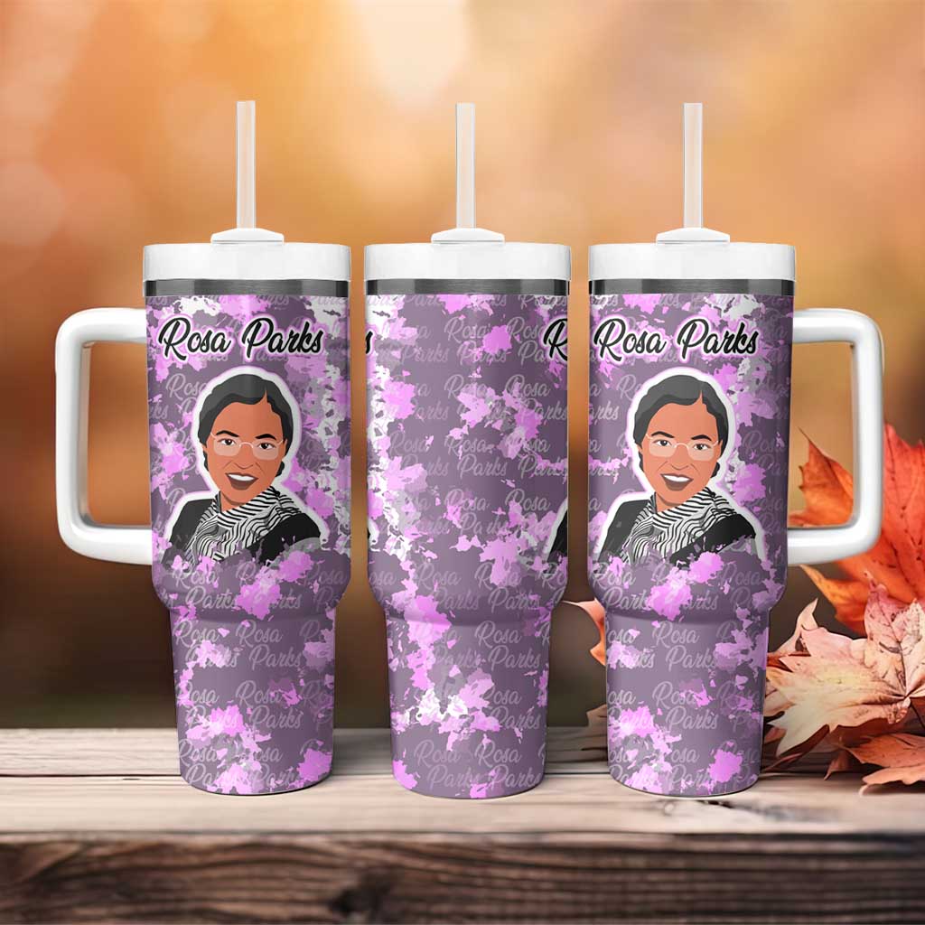 Rosa Parks Tumbler With Handle Purple Floral Pattern Civil Rights Tribute Bold Name Repeated Text Design - African Pride