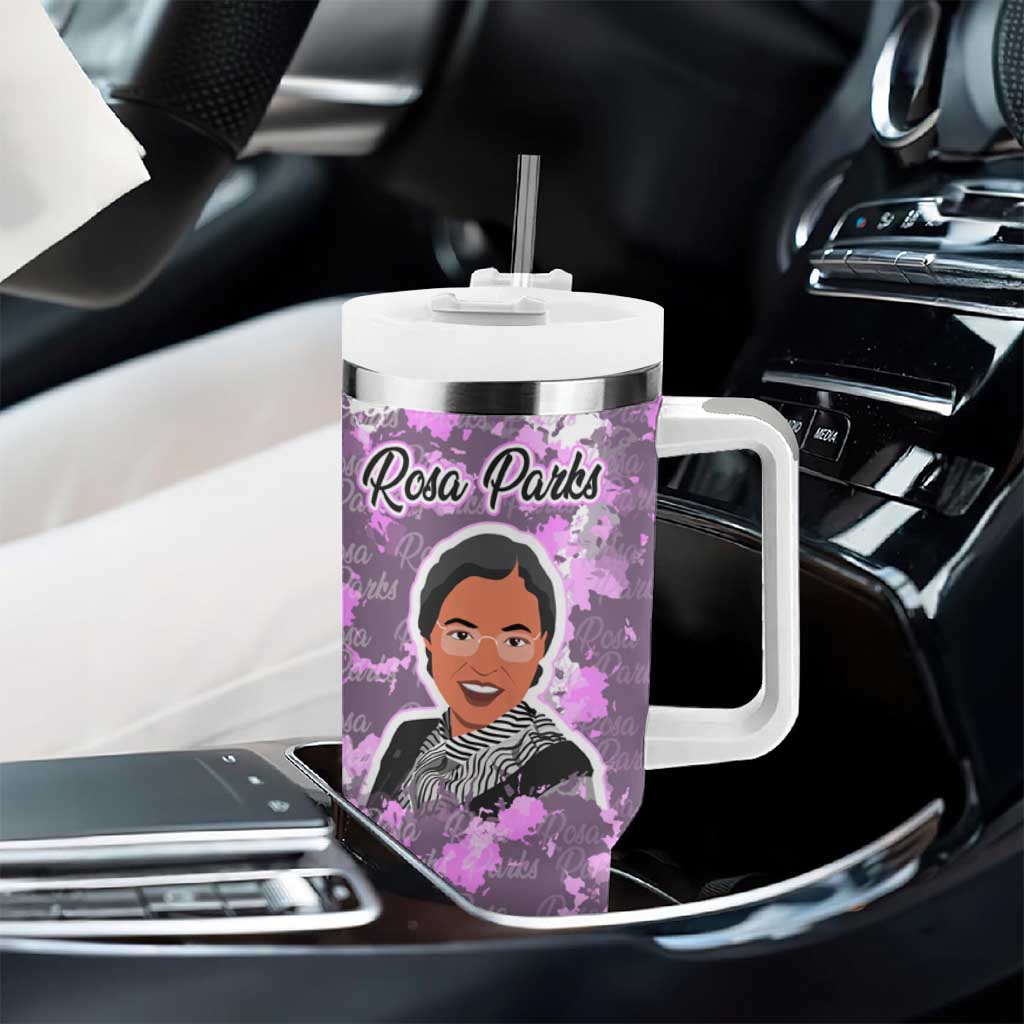 Rosa Parks Tumbler With Handle Purple Floral Pattern Civil Rights Tribute Bold Name Repeated Text Design - African Pride