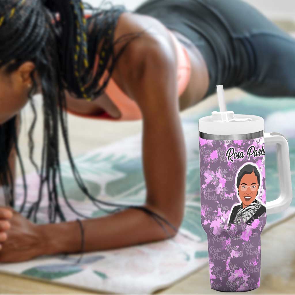 Rosa Parks Tumbler With Handle Purple Floral Pattern Civil Rights Tribute Bold Name Repeated Text Design - African Pride