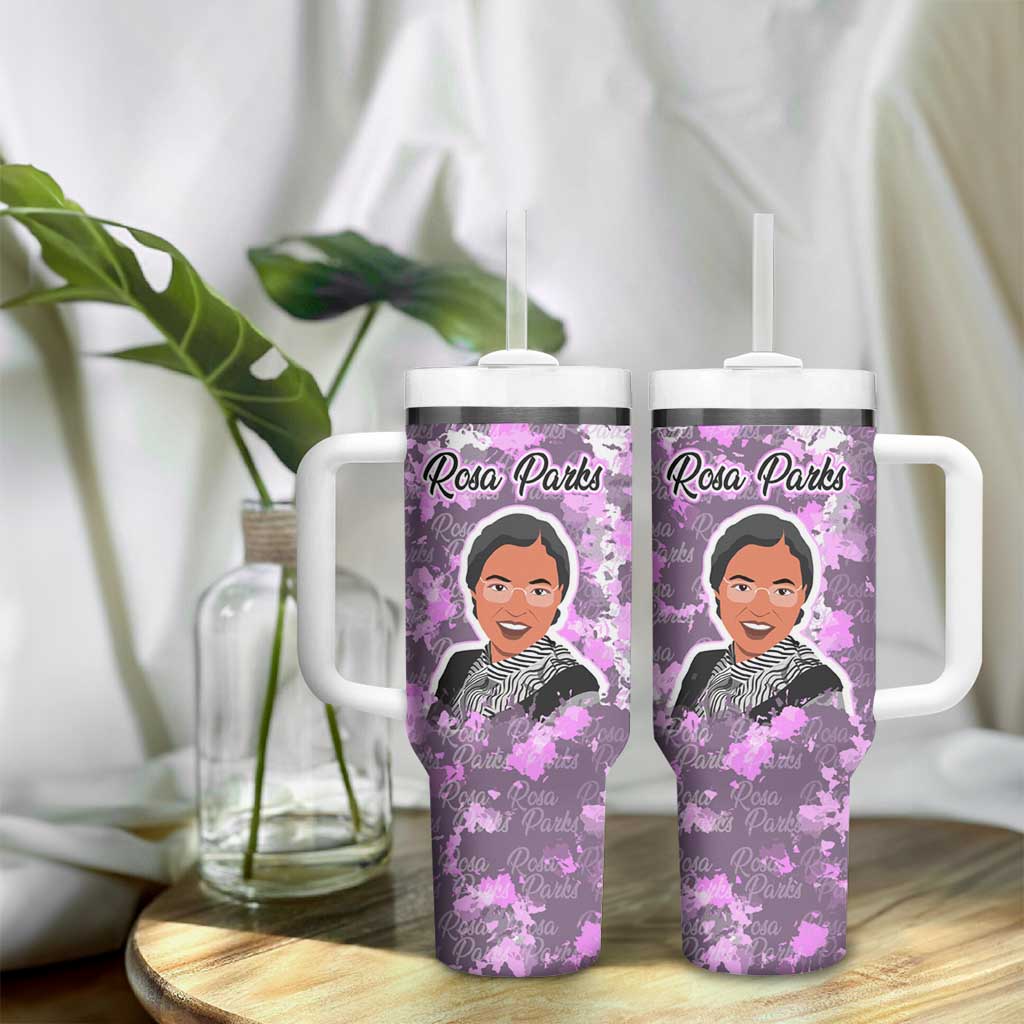 Rosa Parks Tumbler With Handle Purple Floral Pattern Civil Rights Tribute Bold Name Repeated Text Design - African Pride