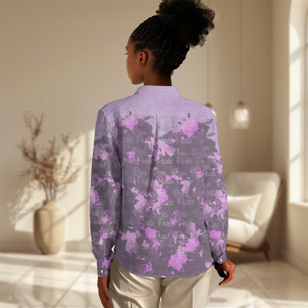 Rosa Parks Women Casual Shirt Purple Floral Pattern Civil Rights Tribute Bold Name Repeated Text Design - African Pride