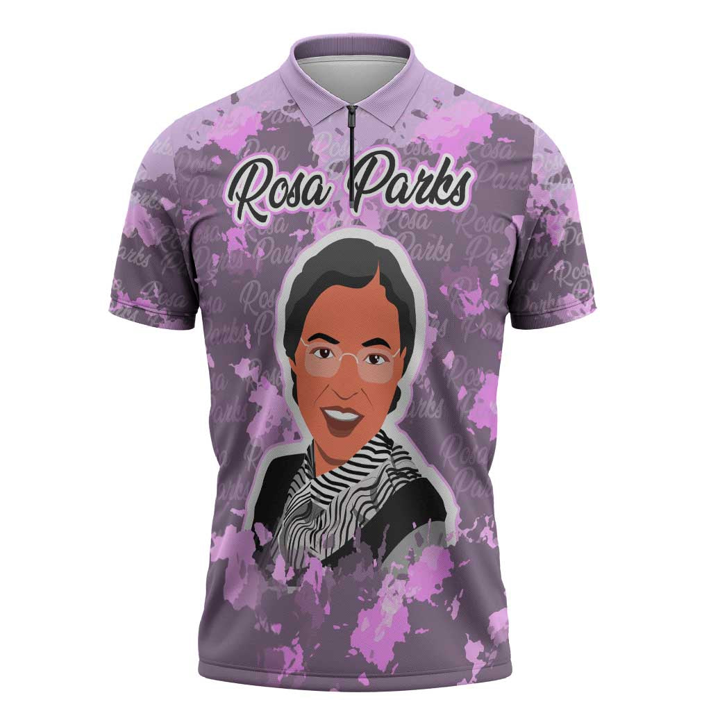 Rosa Parks Zipper Polo Shirt Purple Floral Pattern Civil Rights Tribute Bold Name Repeated Text Design - African Pride
