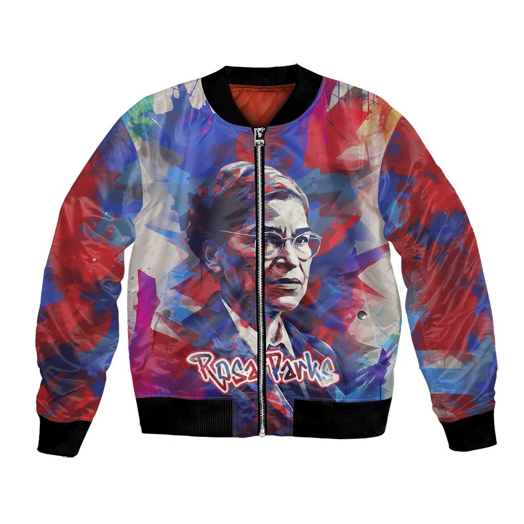 Rosa Parks Bomber Jacket Red Blue Abstract Art Portrait Sitting Down to Stand Up Quote Civil Rights Tribute - African Pride