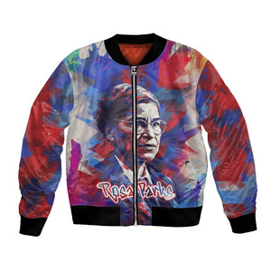 Rosa Parks Bomber Jacket Red Blue Abstract Art Portrait Sitting Down to Stand Up Quote Civil Rights Tribute - African Pride