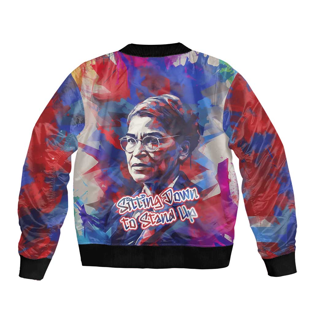 Rosa Parks Bomber Jacket Red Blue Abstract Art Portrait Sitting Down to Stand Up Quote Civil Rights Tribute - African Pride